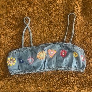 ZARA: Denim sleeveless crop top with colorful designs